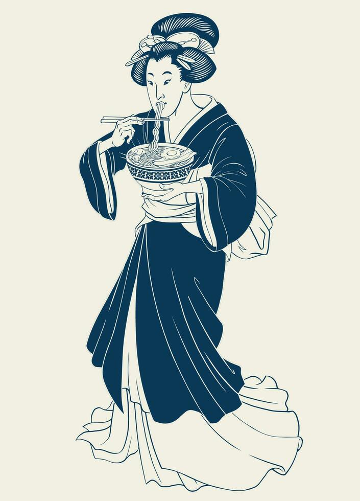 negro y blanco japonés geisha en tradicional kimono ilustración vector