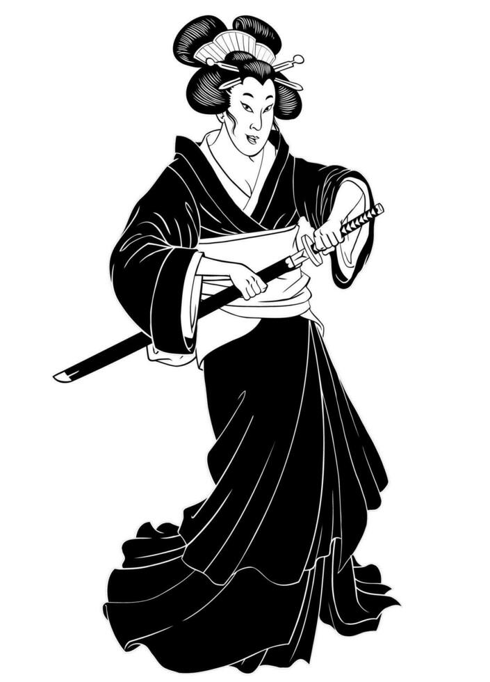 negro y blanco ilustración de geisha en tradicional kimono utilizando japonés katana vector