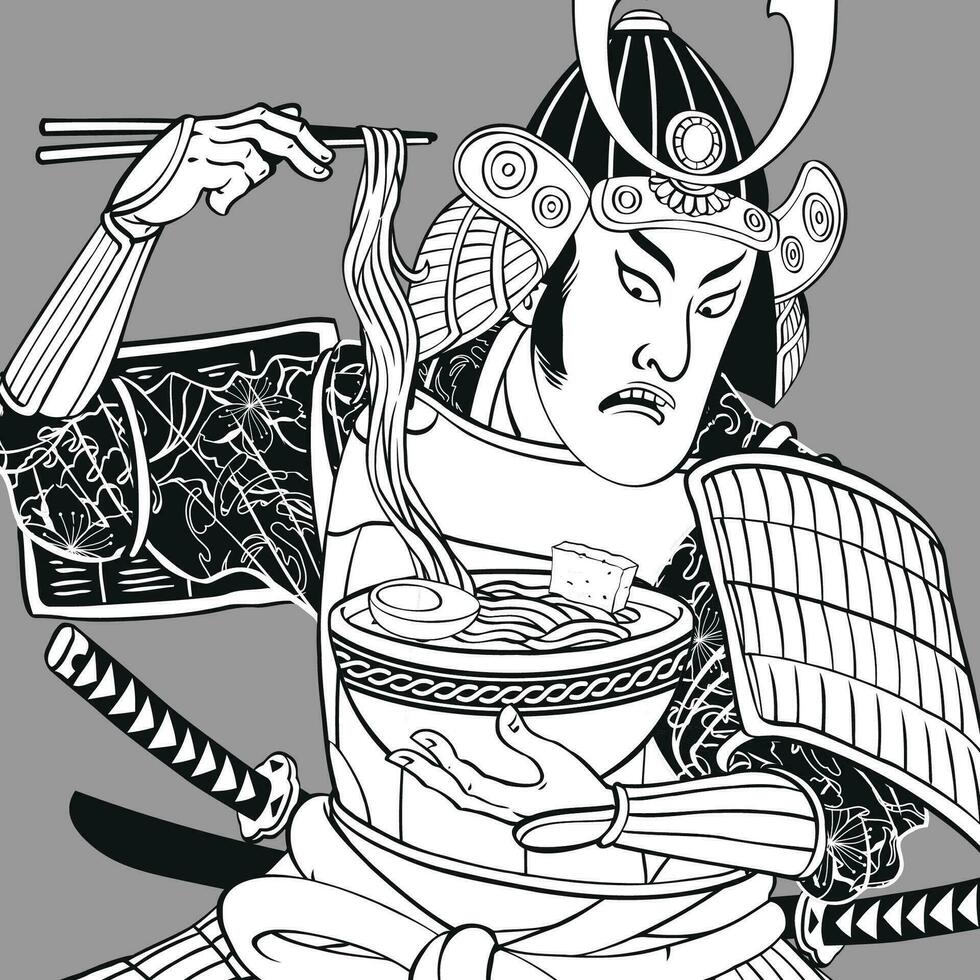 negro y blanco ilustración de samurai comiendo ramen en ukiyo mi estilo vector