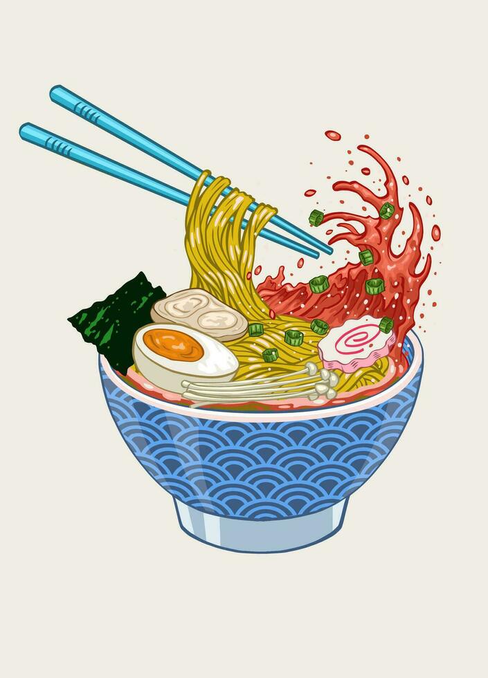 mano dibujado estilo de ramen fideos en un cuenco vector