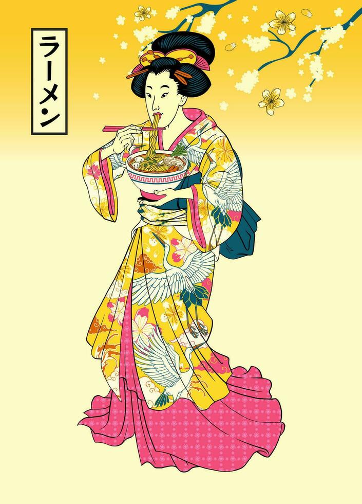 hermosa japonés geisha comiendo ramen en tradicional kimono japonés texto medio ramen vector