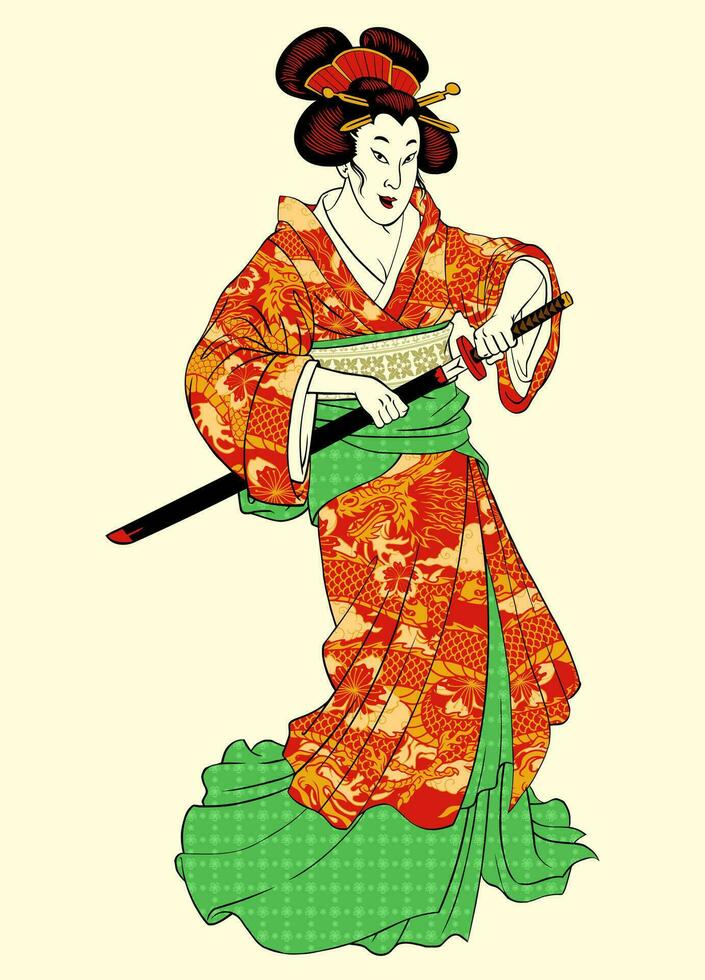 geisha en tradicional kimono utilizando japonés katana vector