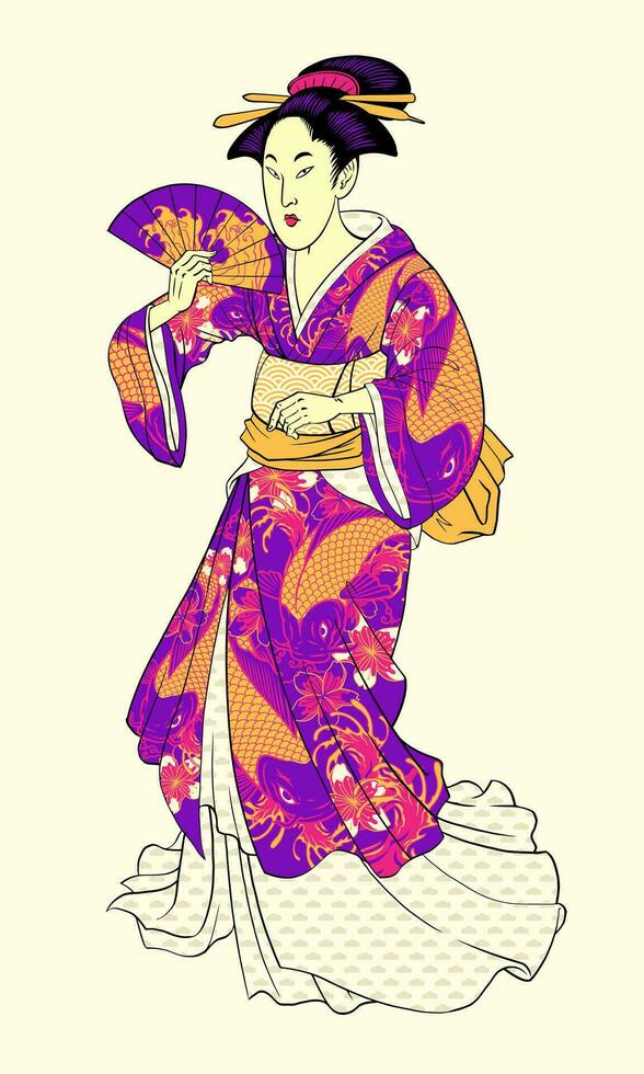 Hand Drawn Illustration of Beautiful Geisha in Traditional Kimono vector