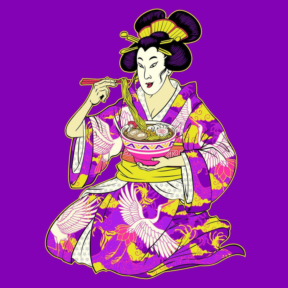 Japanese Geisha Eating Ramen with traditional kimono vector