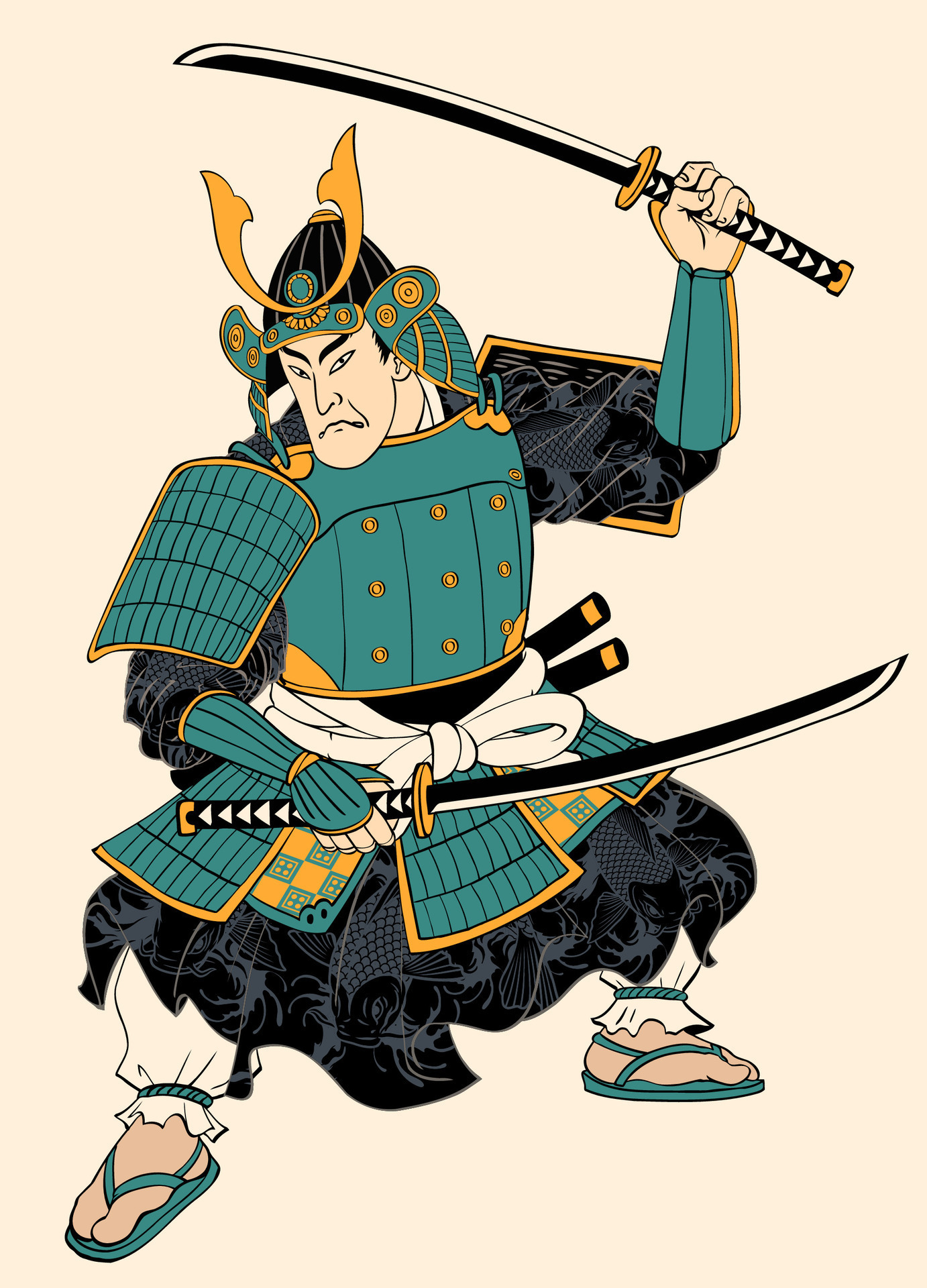 Hand drawn of samurai in ancient japanese painting style illustration