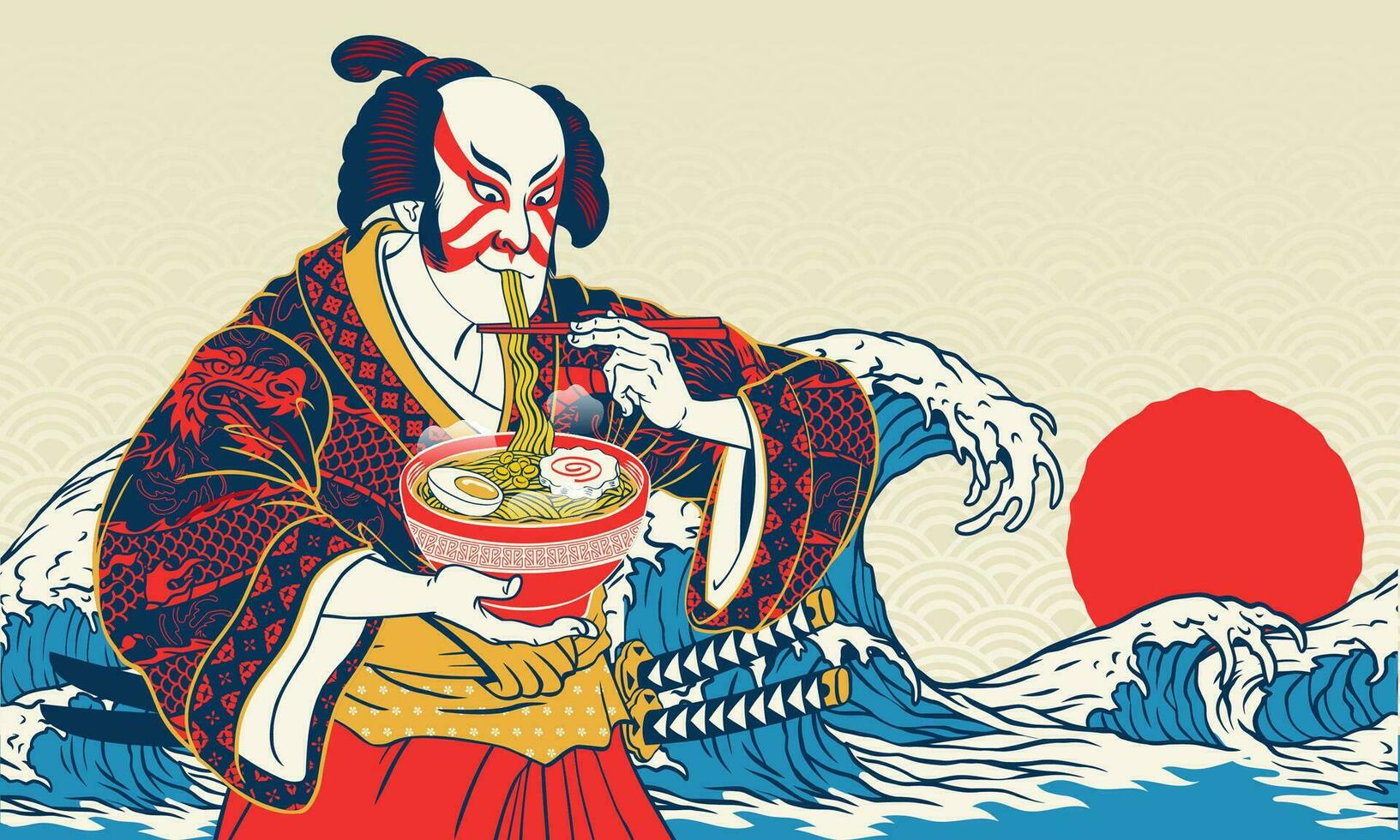 Japanese Painting Background Illustration of Men eats Ramen Noodle vector