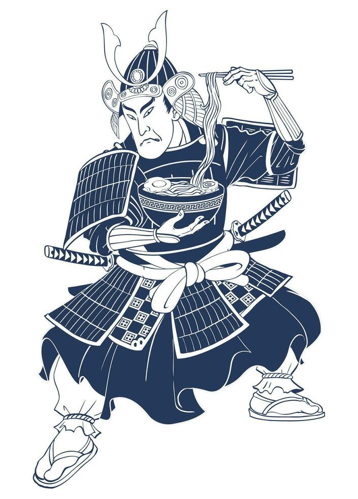 ukiyo mi estilo ilustración de samurai comiendo ramen aislado vector ilustración