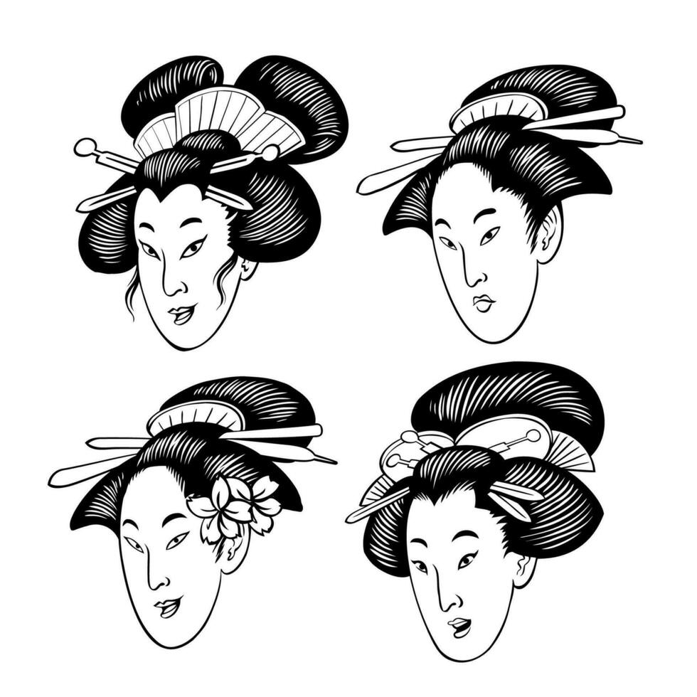 set of japanese geisha head vector