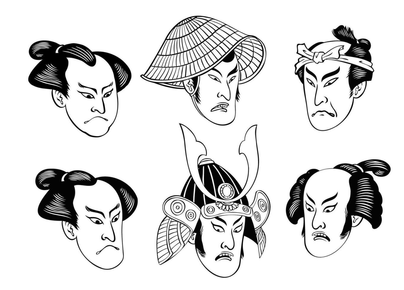 Set of Japanese Man Head in Edo Period Drawing Style vector