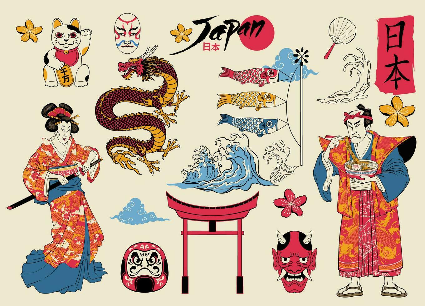 Hand Drawn Collection of Japanese Object vector