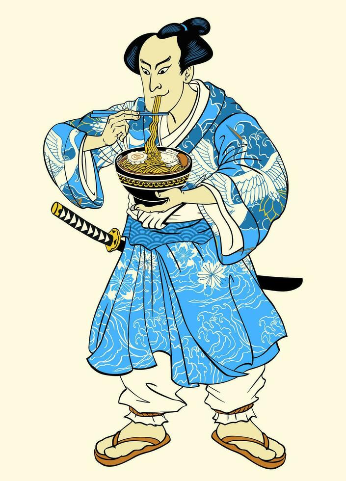 hombre vistiendo kimono comiendo ramen ilustración en edo estilo vector