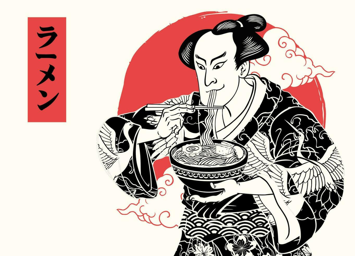 Clásico dibujo japonés pintura hombres póster comiendo fideos con japonés texto medio ramen vector