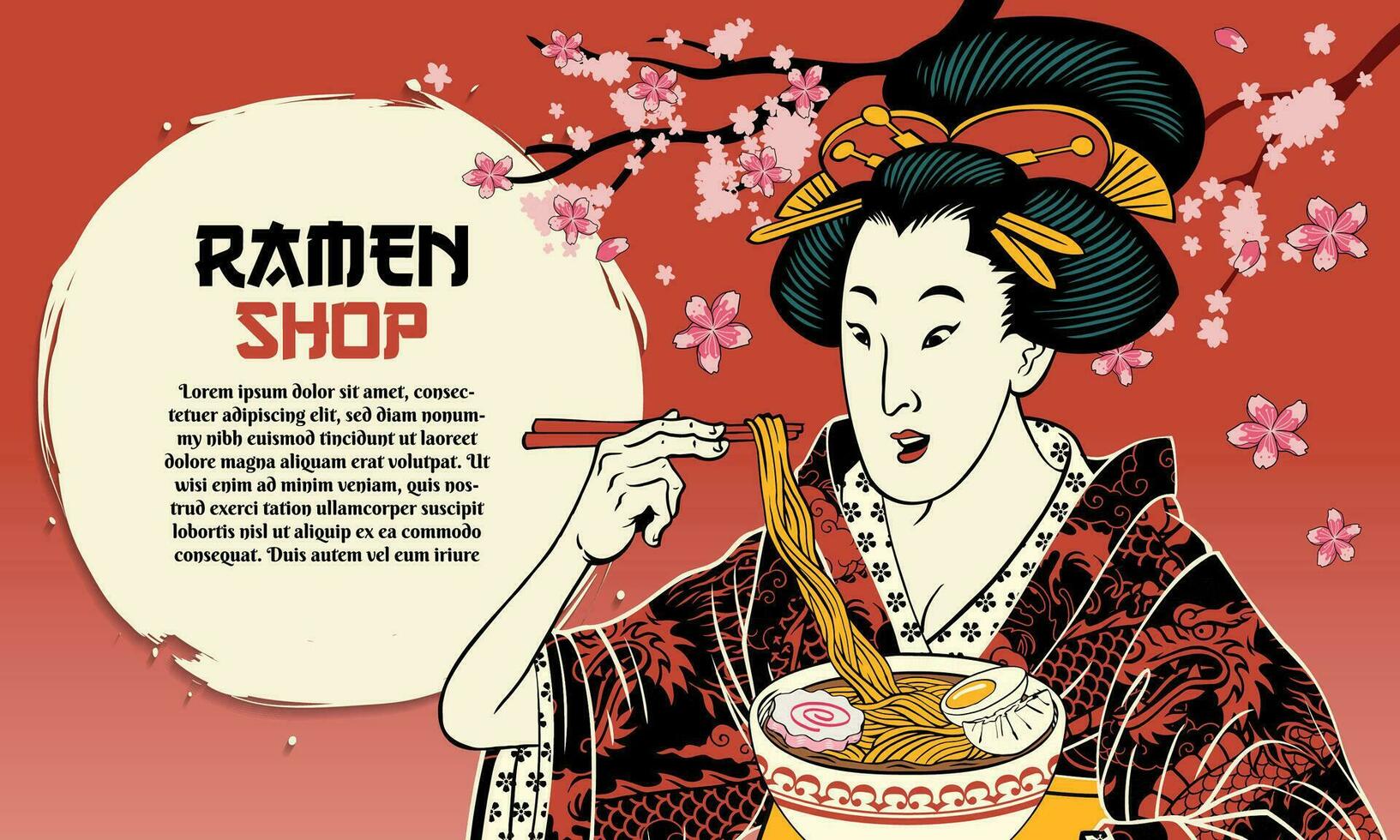 Clásico japonés pintura de geisha comiendo el ramen fideos antecedentes vector