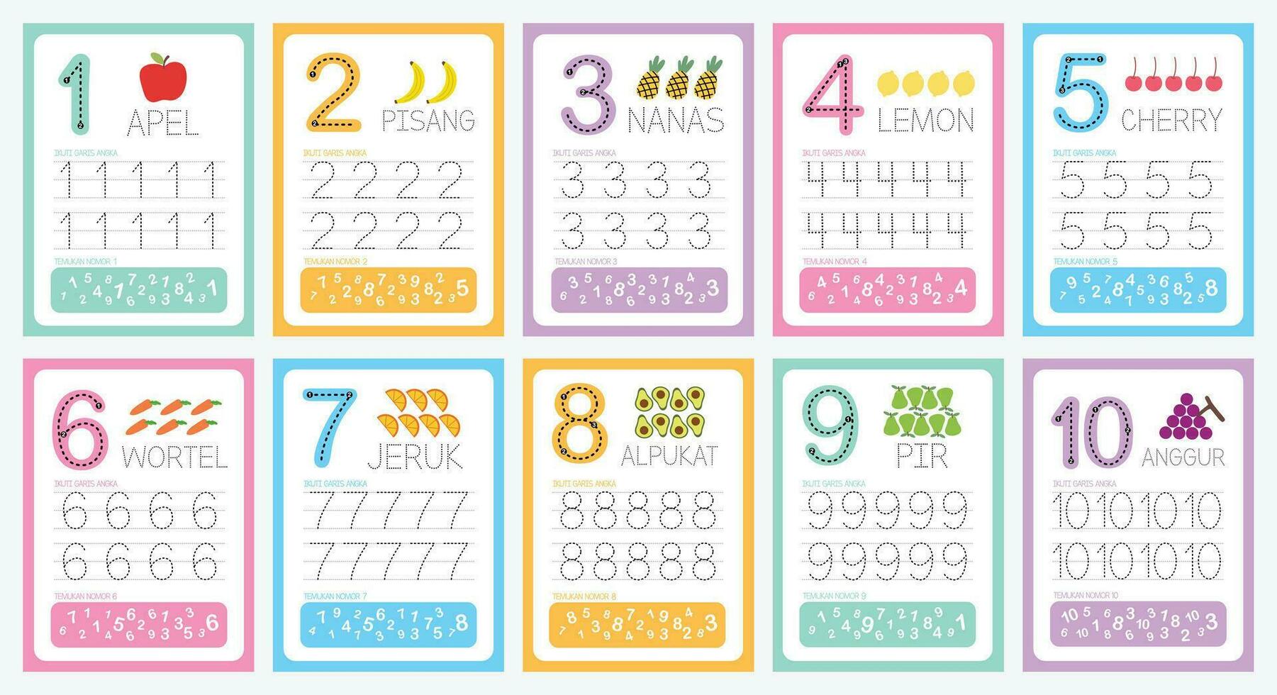 flat cute design vector colorful learning number tracing number counting collection