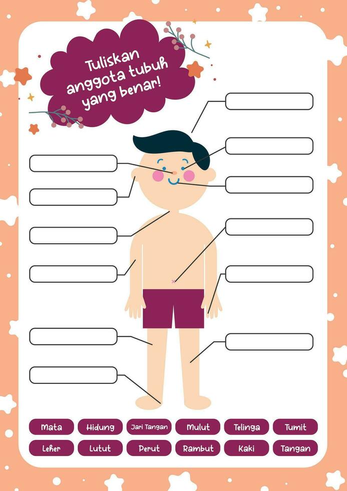 flat design vector cute kids worksheet name the body parts