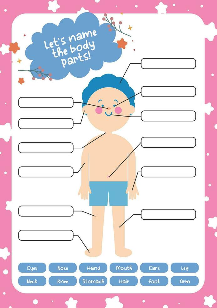 flat design vector cute kids worksheet name the body parts