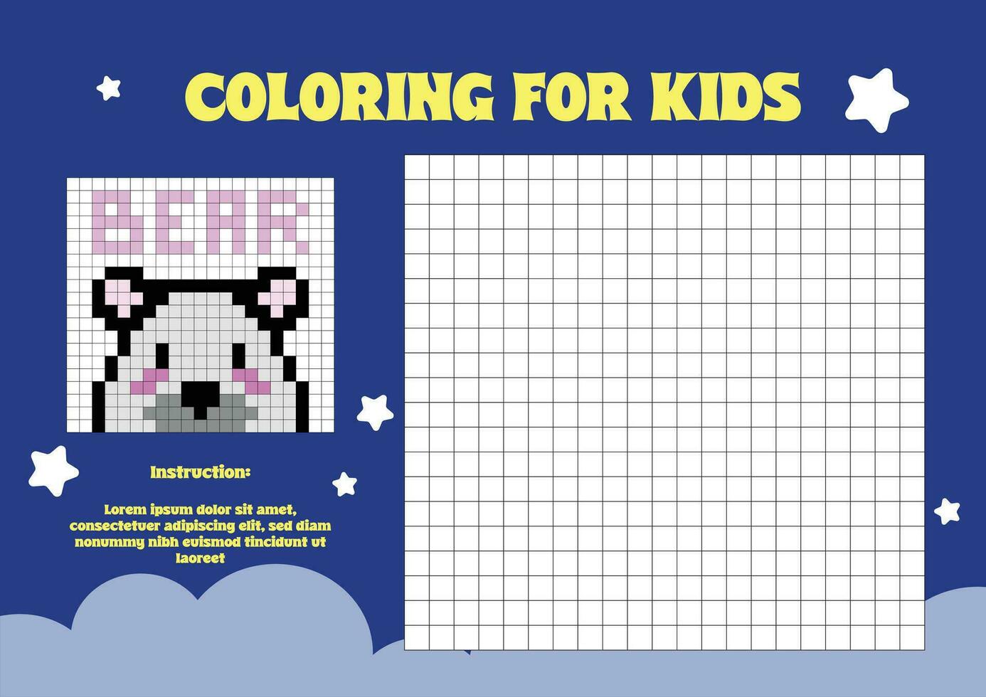 flat design vector kids cute pixel coloring page worksheet printable