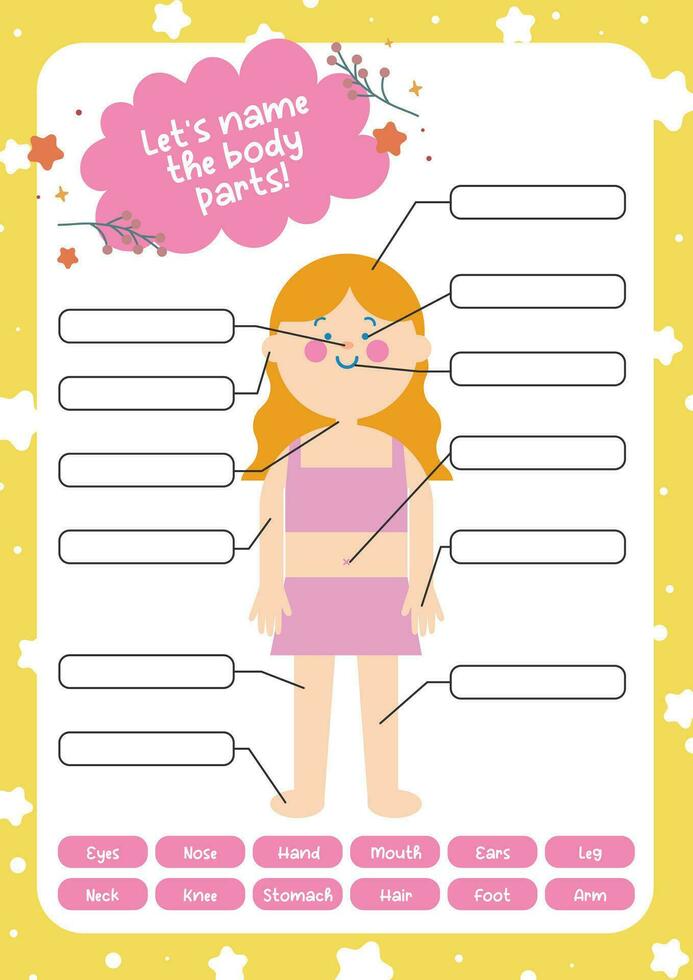 flat design vector cute girl name the body part my body printable activity for kids