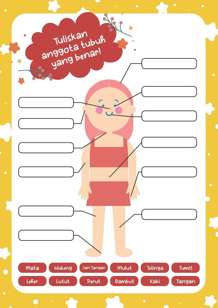 flat design vector cute girl name the body part my body printable activity for kids