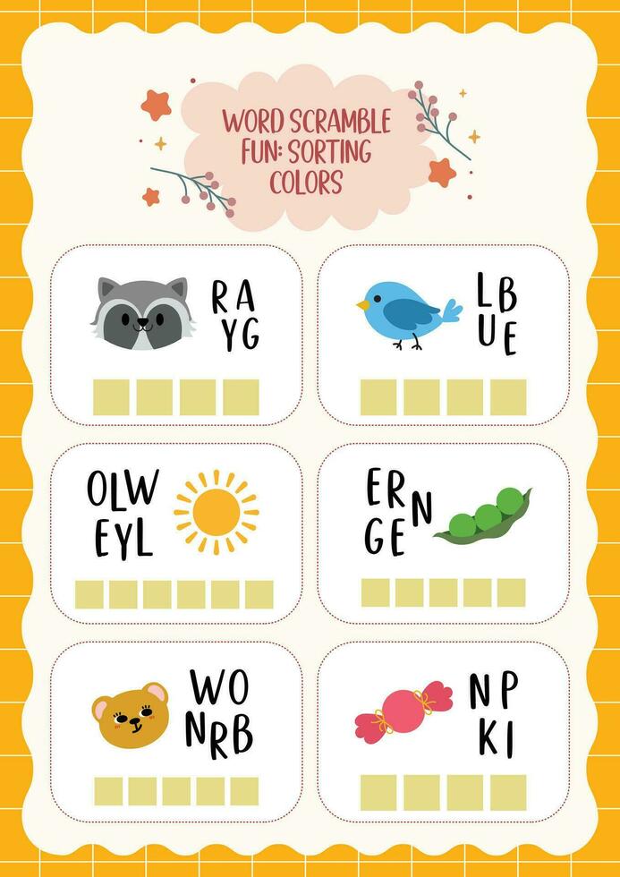 flat design vector cute color word scramble english learning activity printable for kids