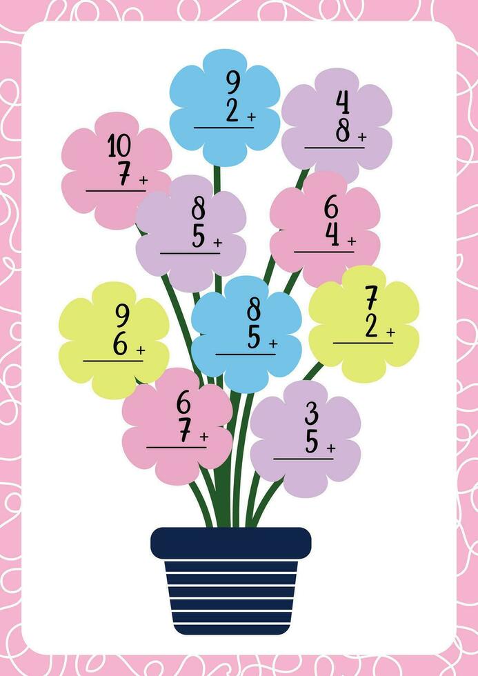 flat design vector cute flower vase counting addition printable for kids activity