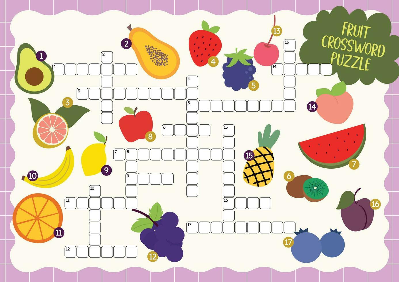 flat design vector cute colorful kids fruit crossword activity