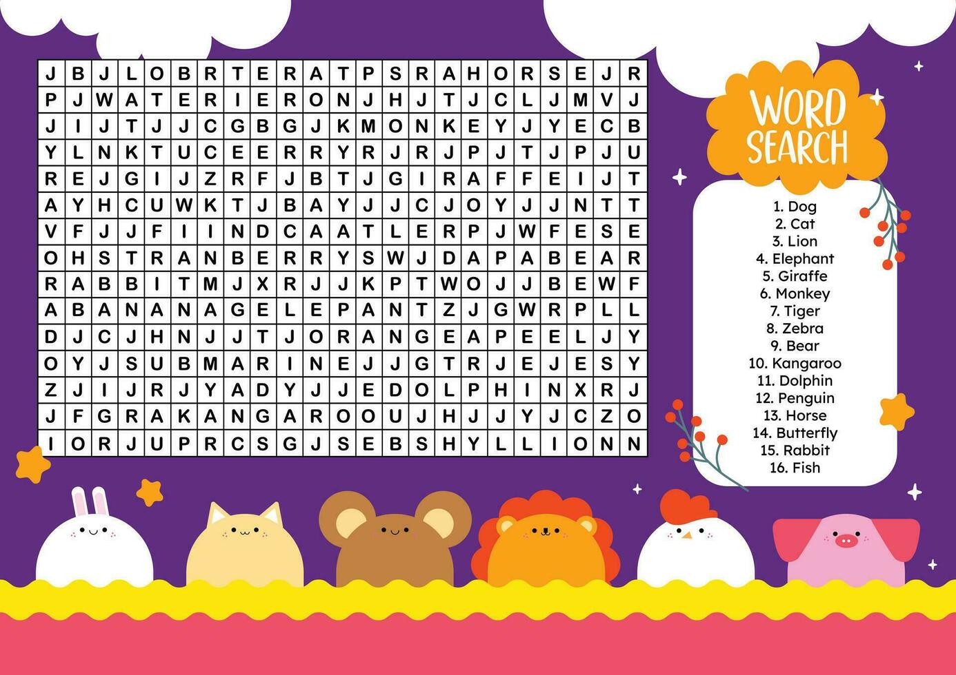 flat design vector word search printable for kids activity