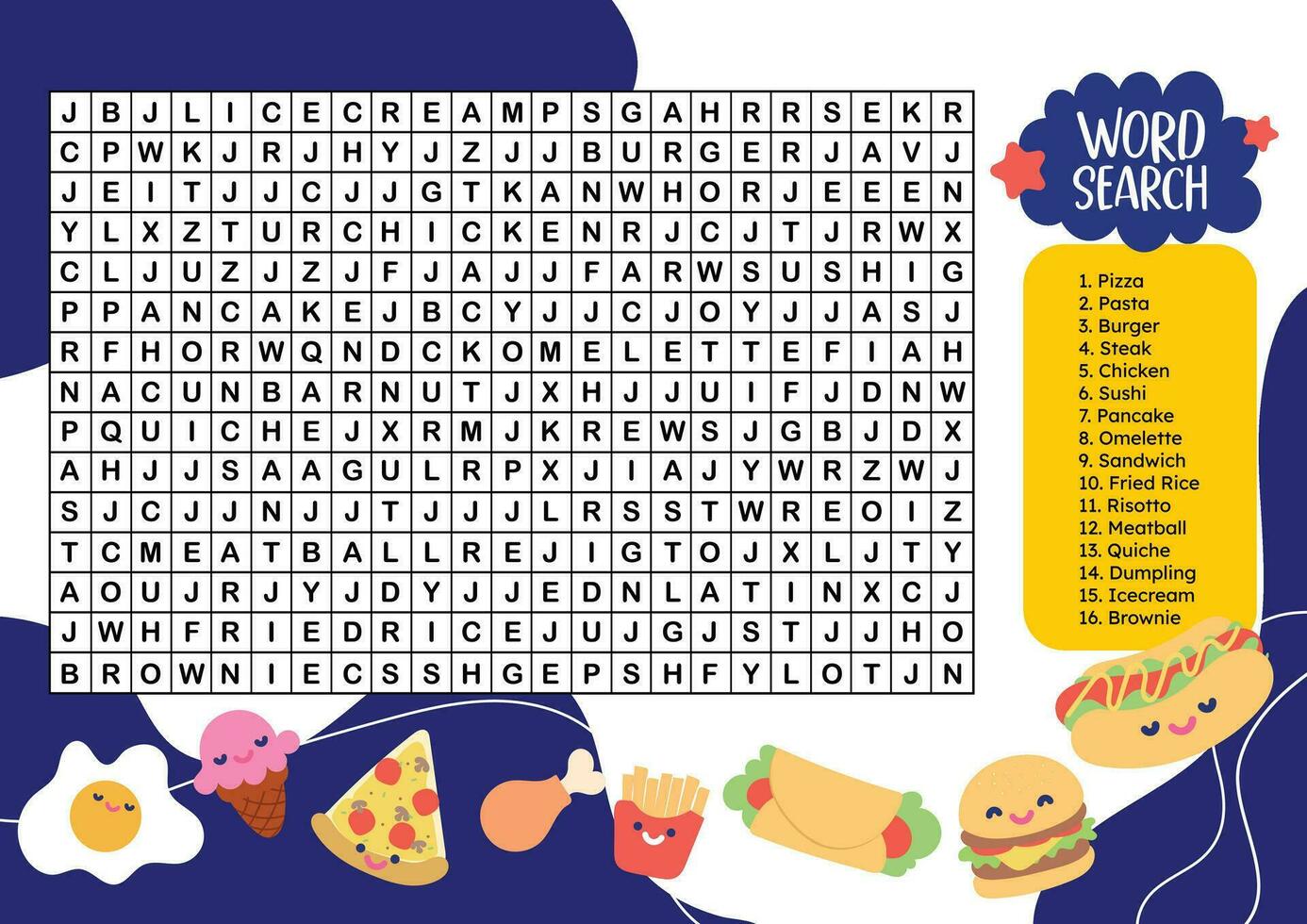 flat design vector word search printable for kids activity