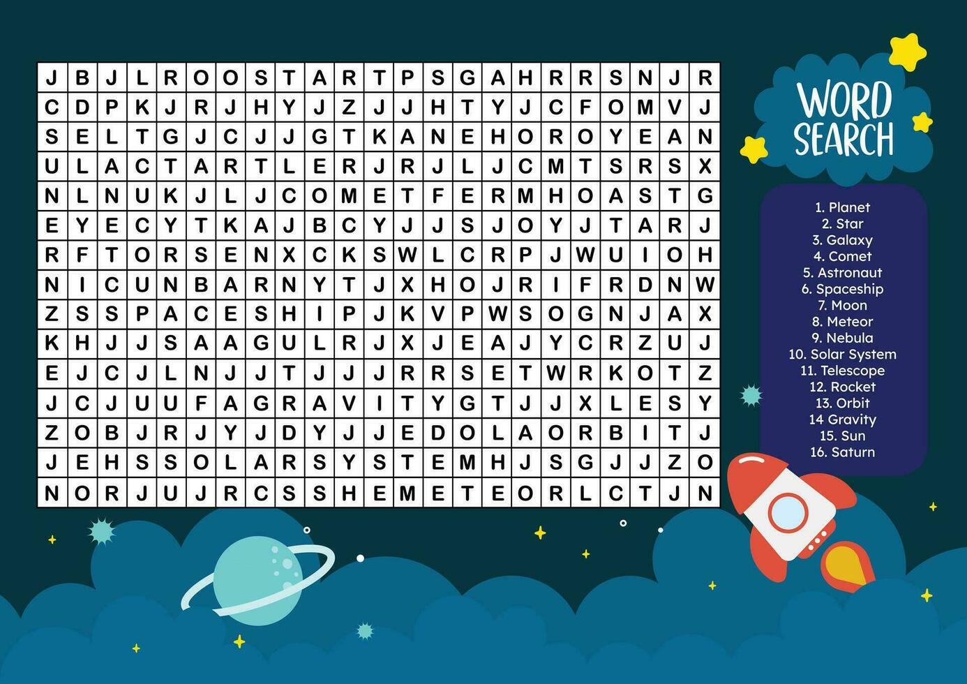 flat design vector word search printable for kids activity