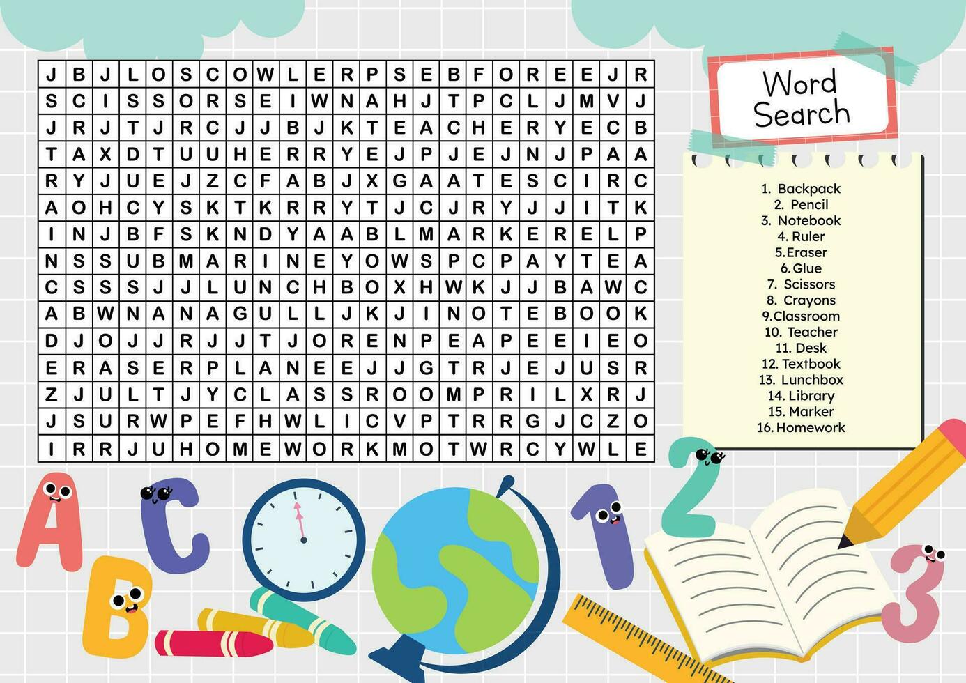 flat design vector word search printable for kids activity