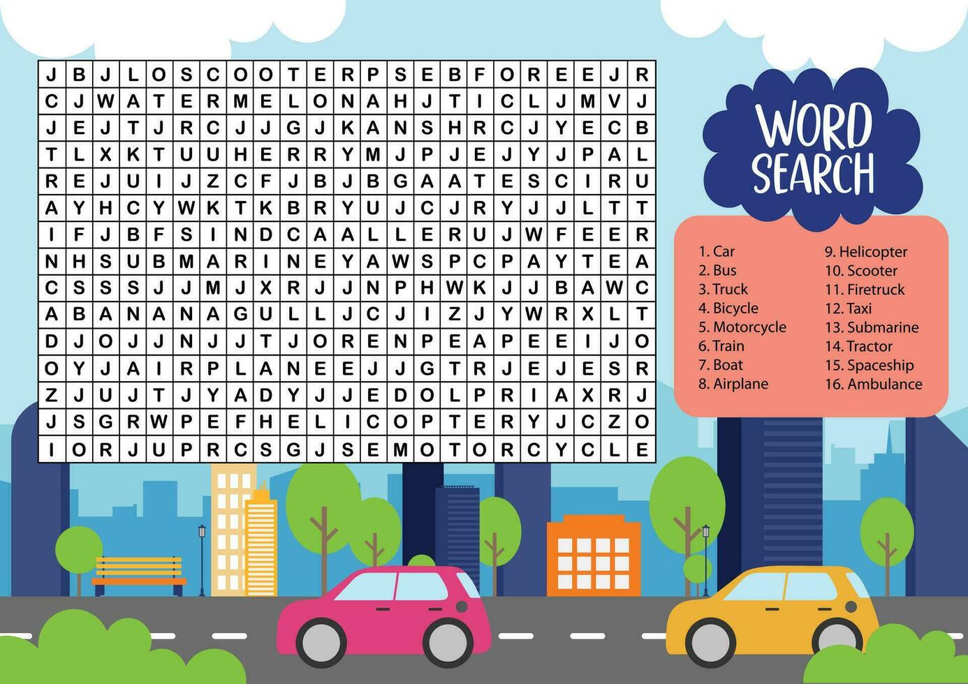 flat design vector word search printable for kids activity