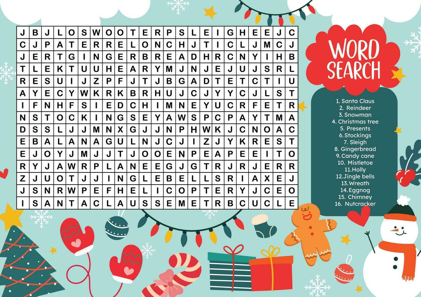flat design vector word search printable for kids activity