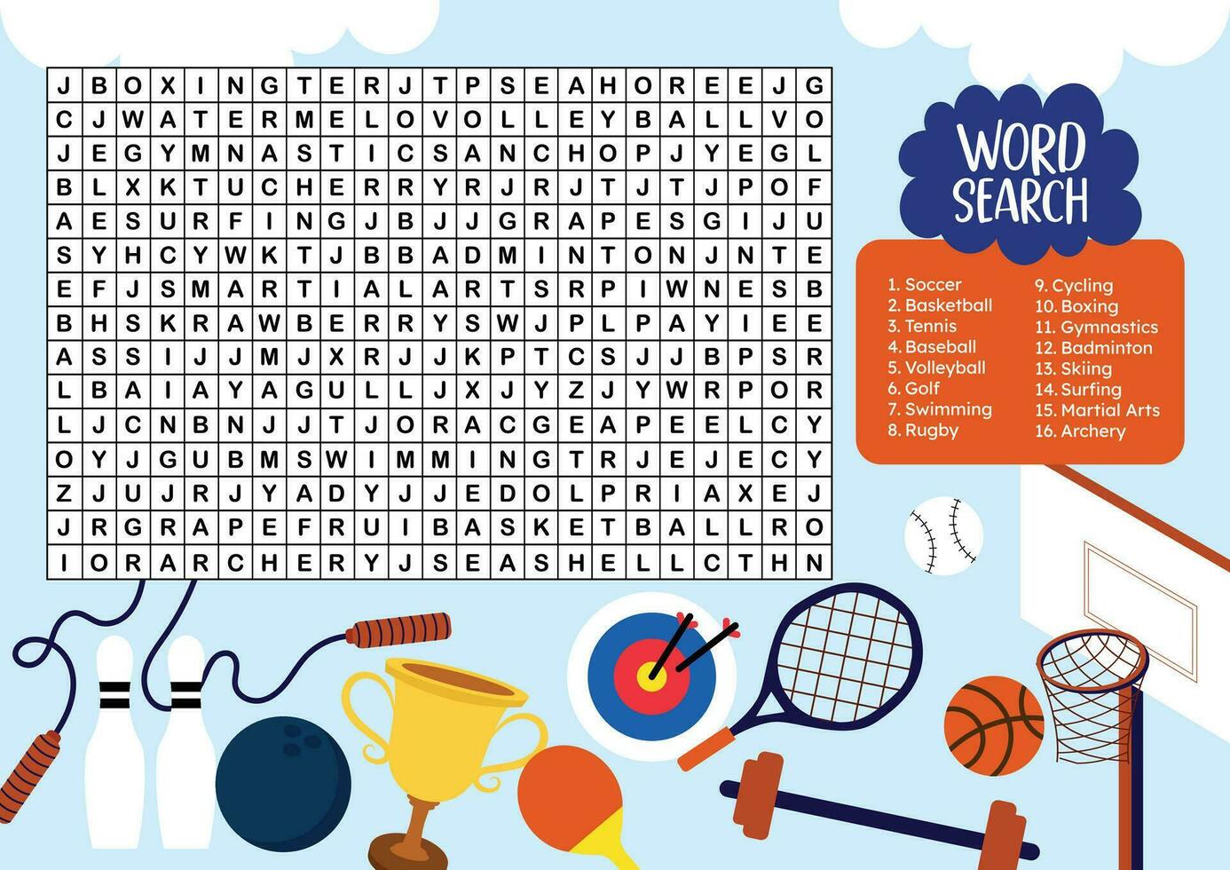 flat design vector word search printable for kids activity