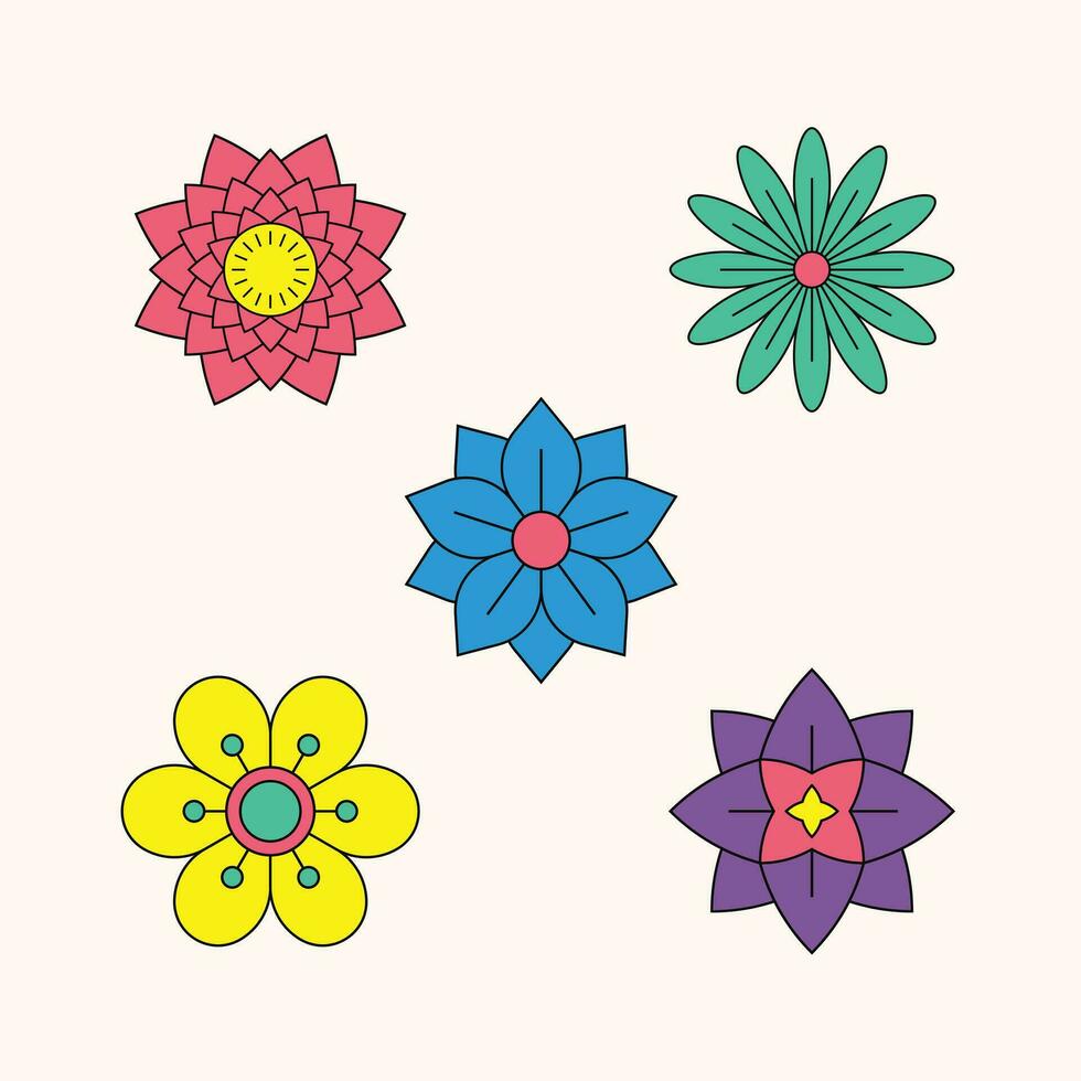 Cute geometric flower icons in bright and playful colors. Geometric shapes and bright, cheerful colors. Each icon brings a burst of energy and charm, perfect for adding a lively touch to your projects vector