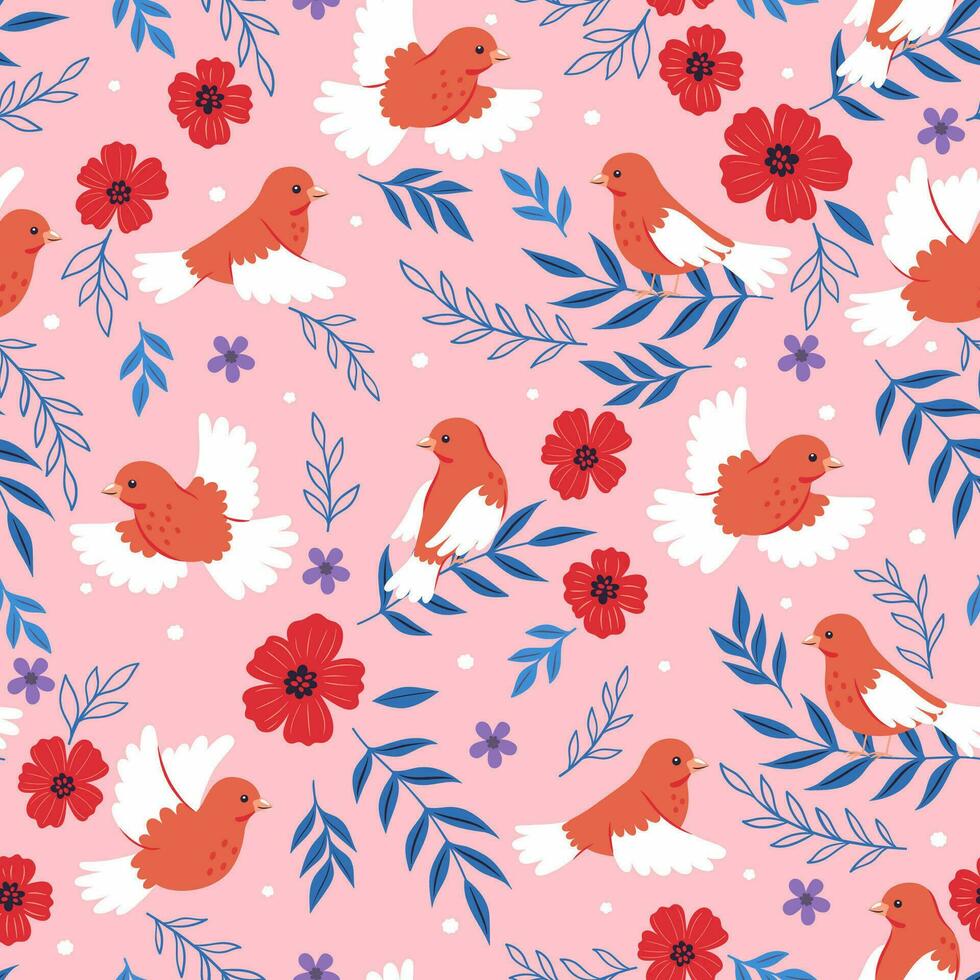 Seamless pattern with red canary birds and flowers. Vector graphics.