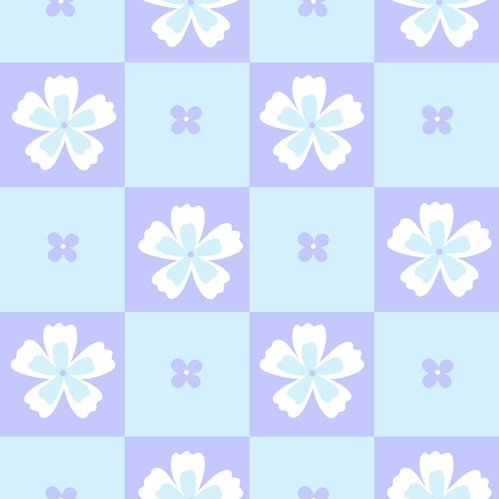 Cute checkered seamless pattern with flowers in a blue colors. Vector graphics.
