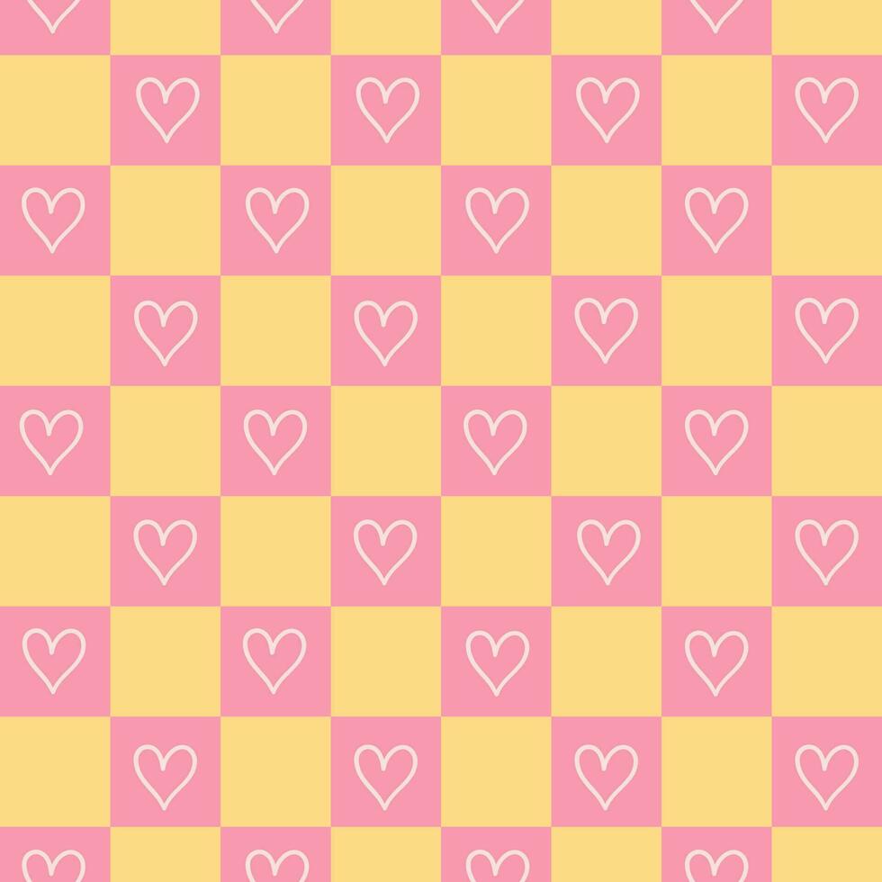 linda sin costura a cuadros modelo con corazones en rosado y amarillo. vector gráficos.