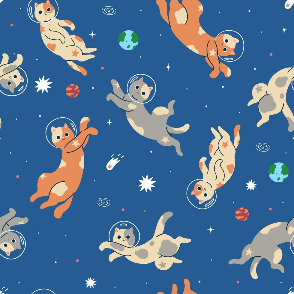 Seamless pattern with cute cats in space. Vector graphics.
