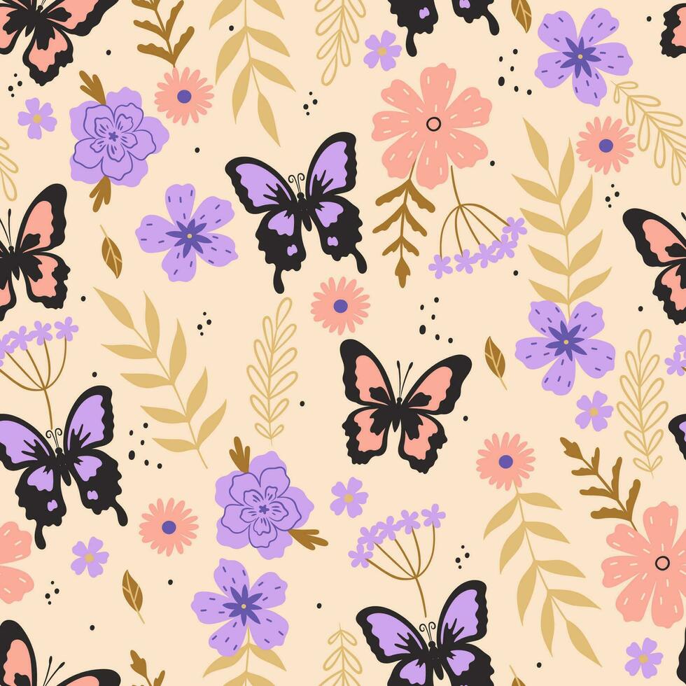 patrón sin costuras con mariposas y flores. gráficos vectoriales vector