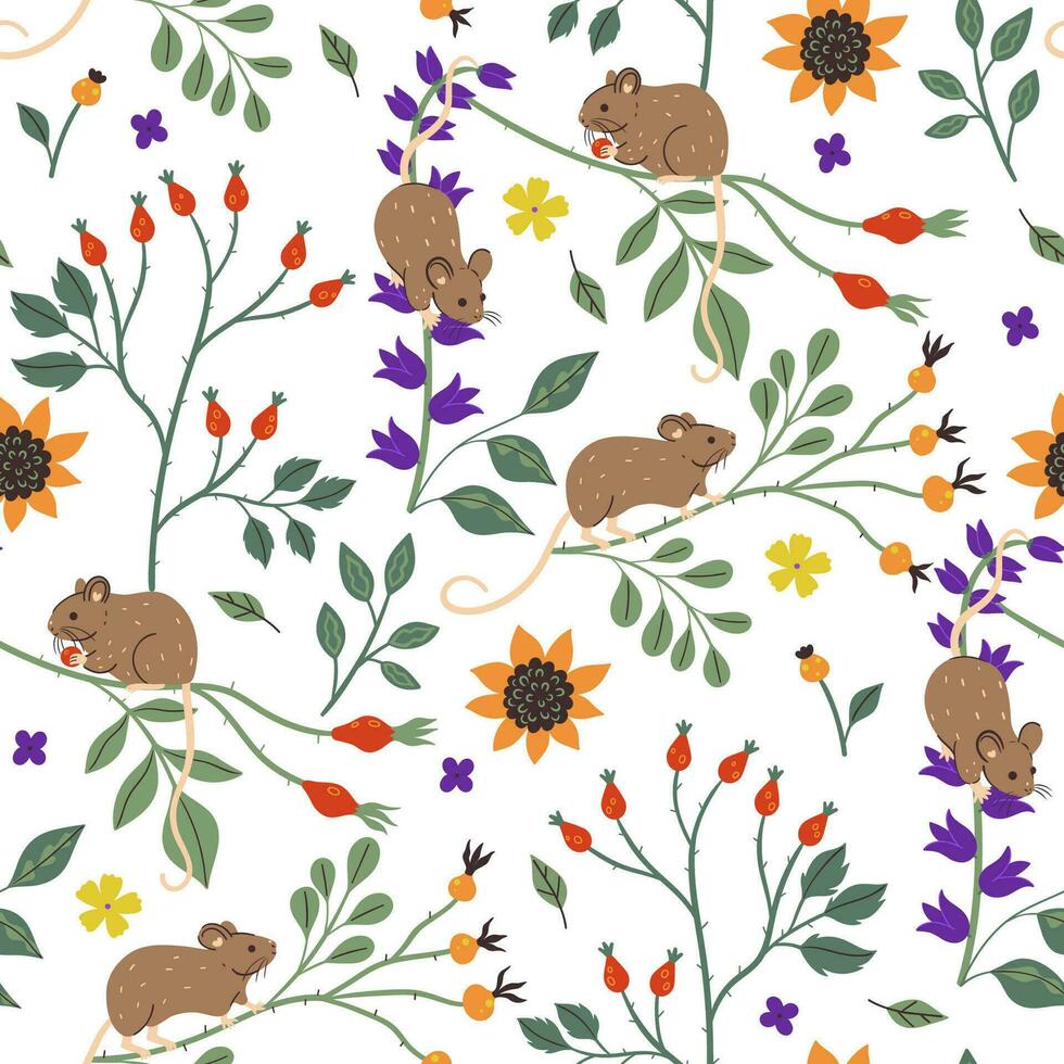 Seamless pattern with cute mice and twigs. Vector graphics.