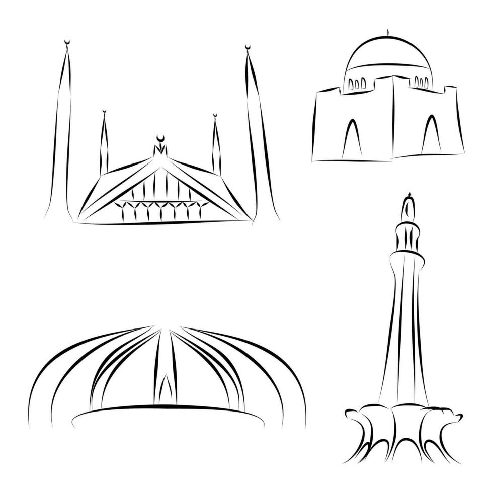 Mausoleum of Quaid-e-Azam , Pakistan Monument , Faisal Mosque , Minar e Pakistan vector design banner and  14 august Pakistan independence day Banner