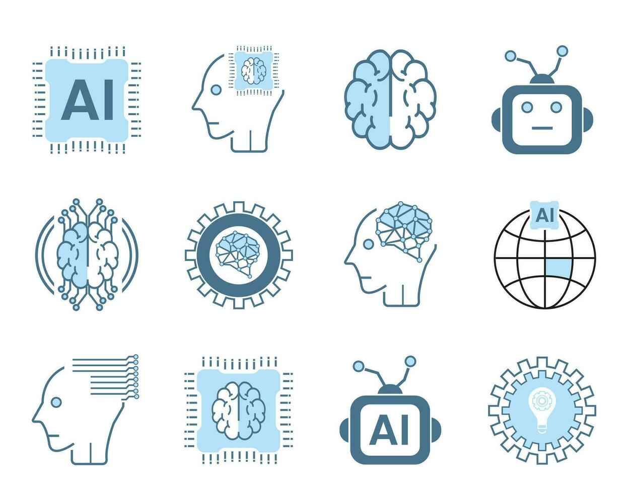 Collection of 12 high quality outline technology flat icons style on white background. Line icons, symbols. Set of 8 Artificial intelligence lined AI icons vector