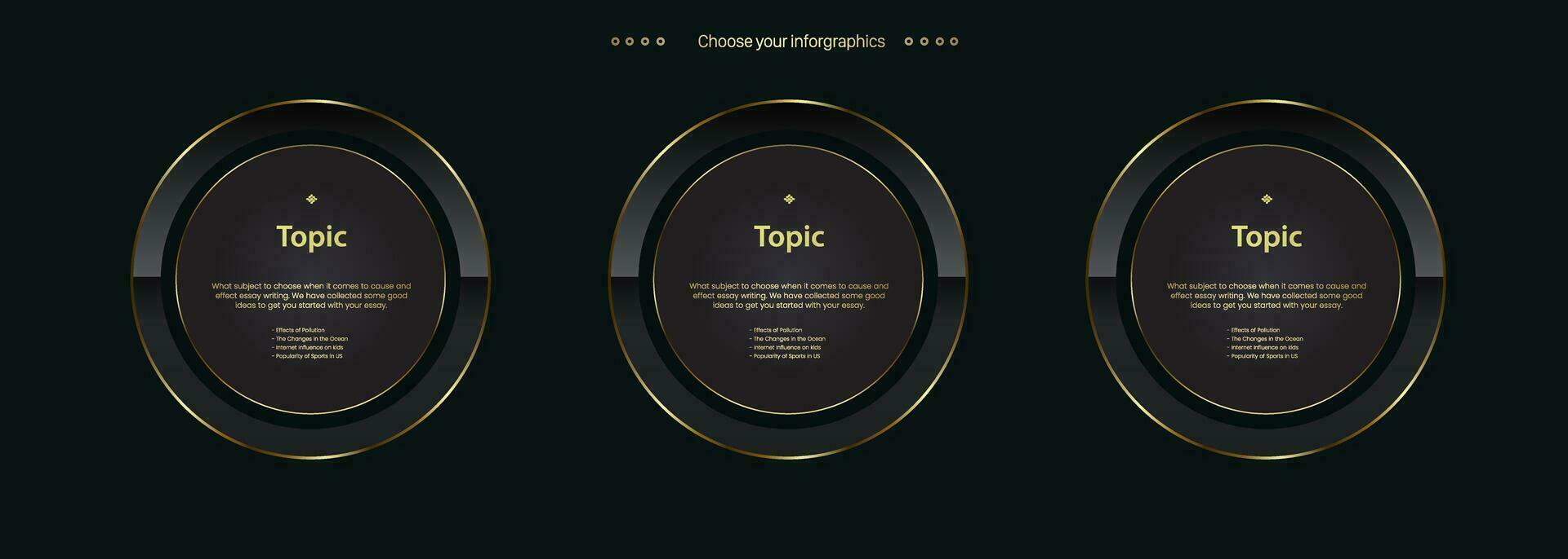 Set of three Luxury Golden multipurpose Infographic circle buttons design and template with three options and Premium gold elegant version on a dark background vector