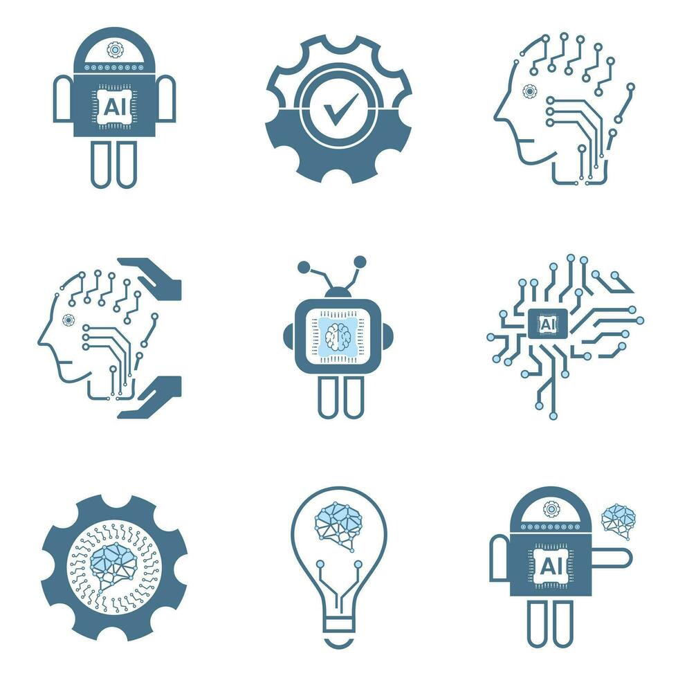 Set of 9 AI icons, symbols. Groups of Artificial intelligence line icons technology concepts, and cybernetic, ai, technology vector, illustration design vector