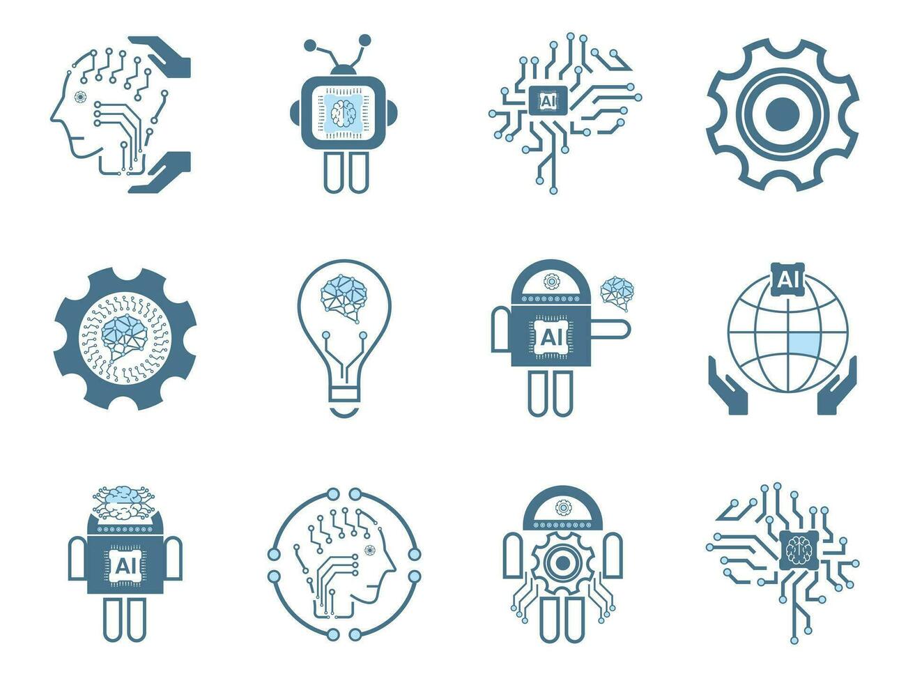 Twelve Artificial intelligence line icons, 12 AI for technology symbols concepts, and 12 cybernetic icons, ai, technology vector, illustration vector