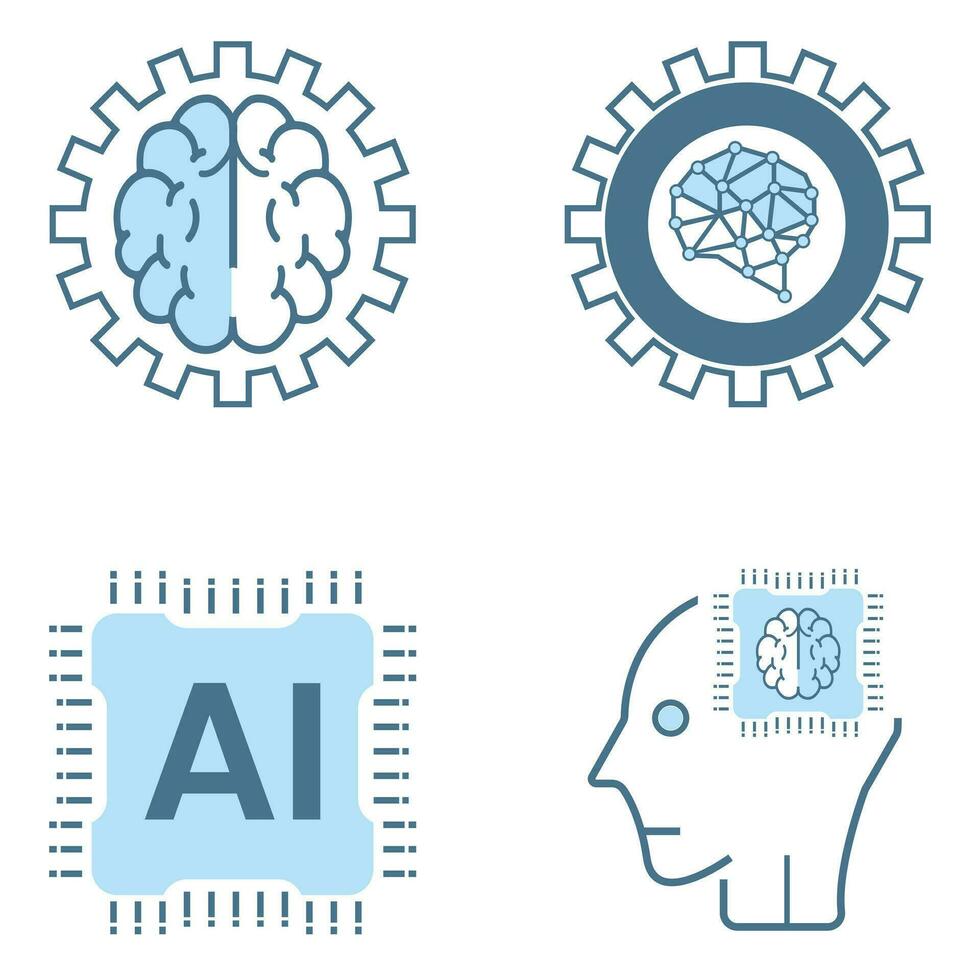 Set of 4 AI icons, symbols. Set of Four Artificial intelligence lined symbol blue, cybernetic, ai, head, technology vector, illustration design vector