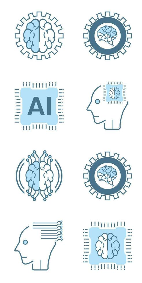 AI icons, symbols. Set of Eight Artificial intelligence lined style, cybernetic, ai, head, technology vector