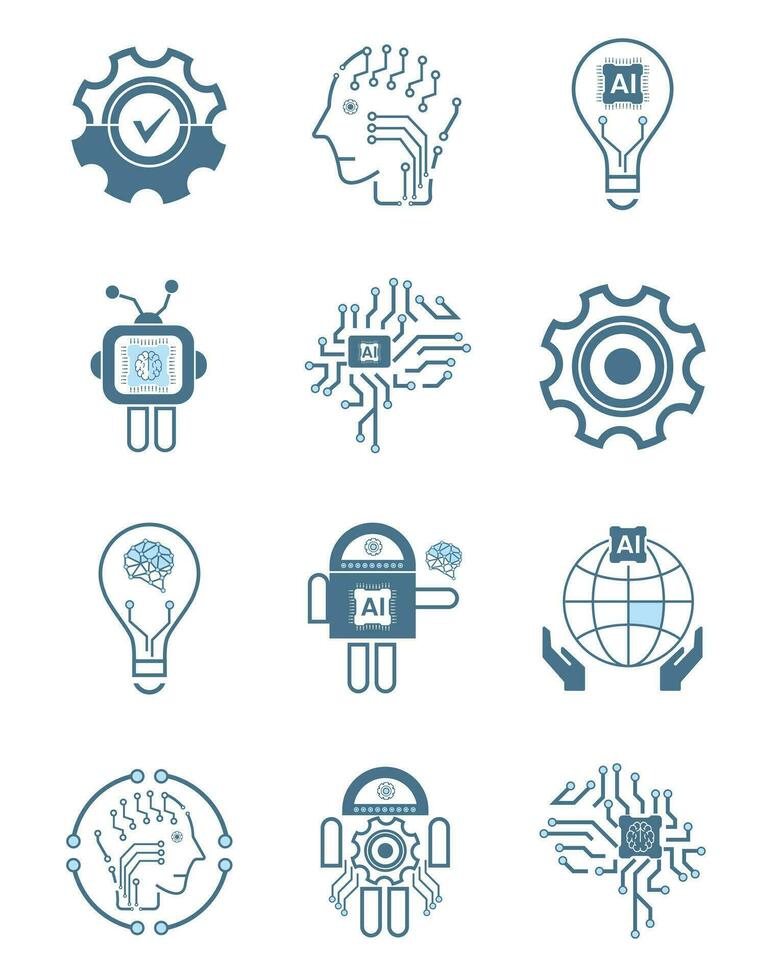 Groups of Twelve Artificial intelligence line icons, 12 AI for technology symbols concepts, and 12 cybernetic icons, ai, technology vector, illustration concept design vector