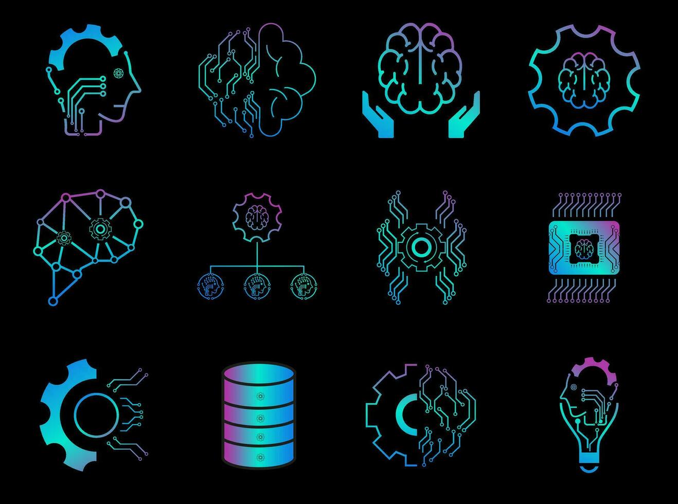 Set of 12 gradient color vector line icons related to the field of computational linguistics, robot and AI technology, language engineering icons