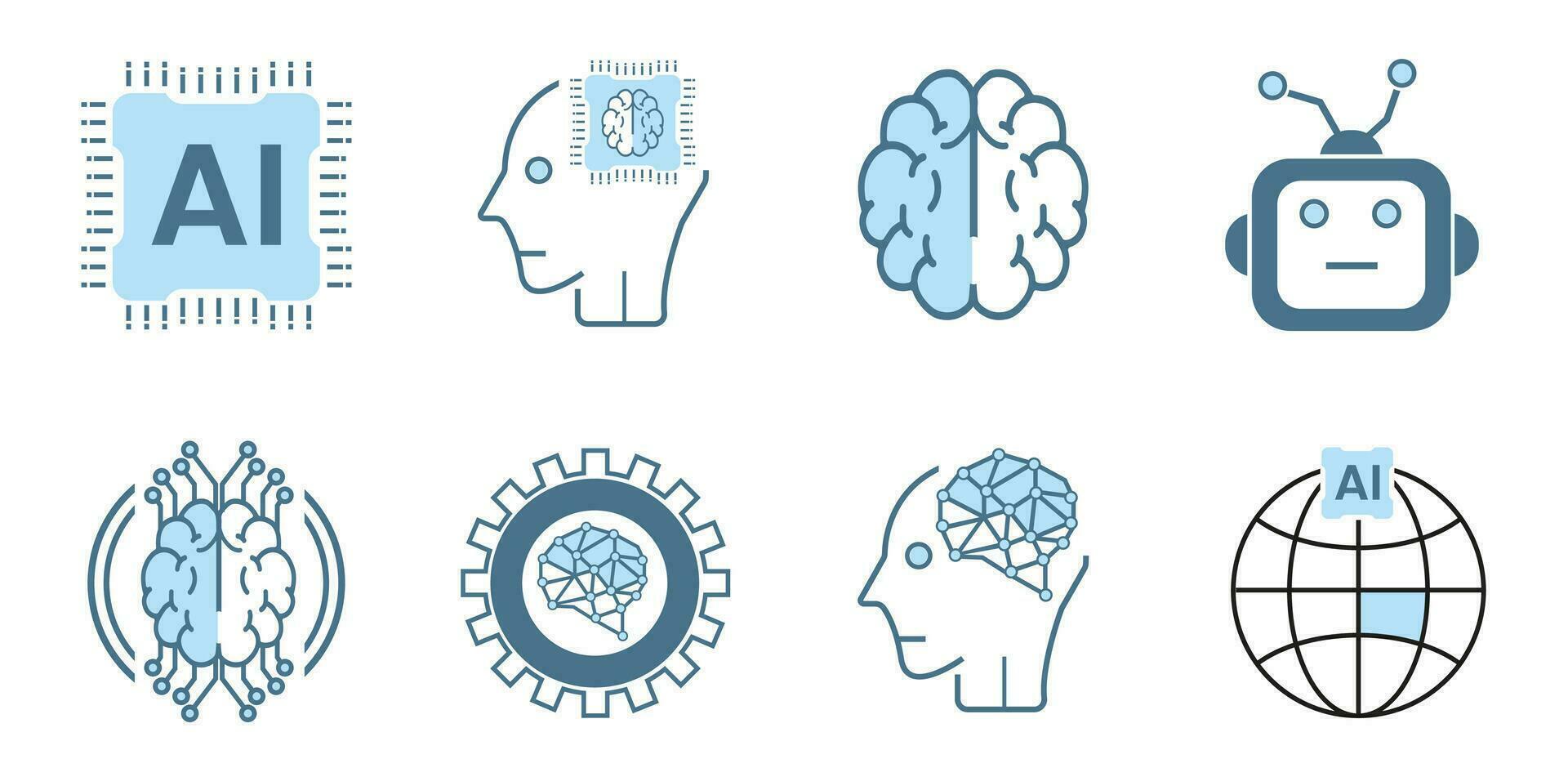 Collection of 8 AI, robots technology flat icons style on white background. Line icons, symbols. Set of 8 Artificial intelligence lined AI icons vector